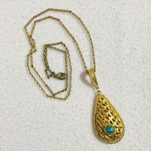 Teardrop Pendant Filigree Necklace Chain Long 26" Gold Byzantine Artisan Retro - Picture 1 of 12